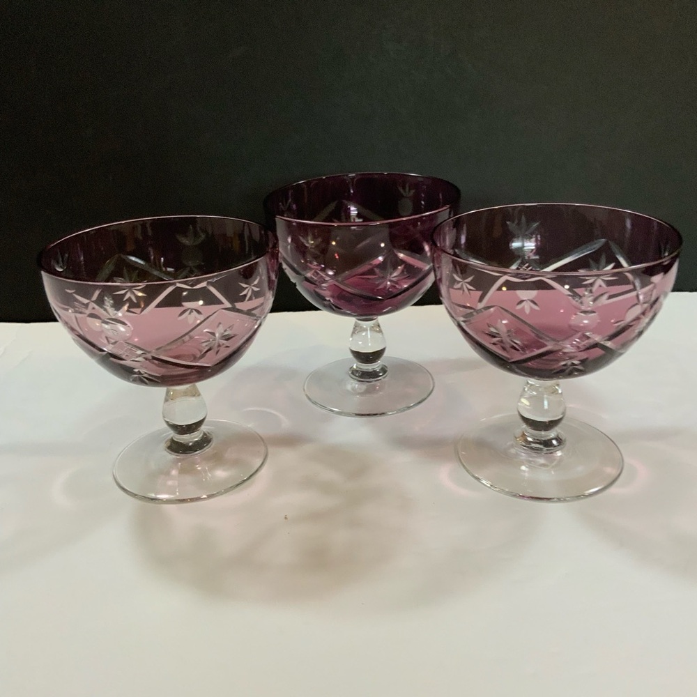 Sherbets Amethyst Purple Cut to Clear Set Lot 3 Glass Vintage